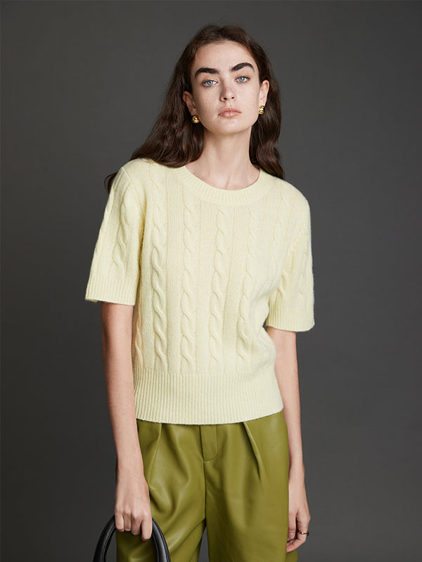 100% Cashmere Cable Knitted Short Sleeve Sweater