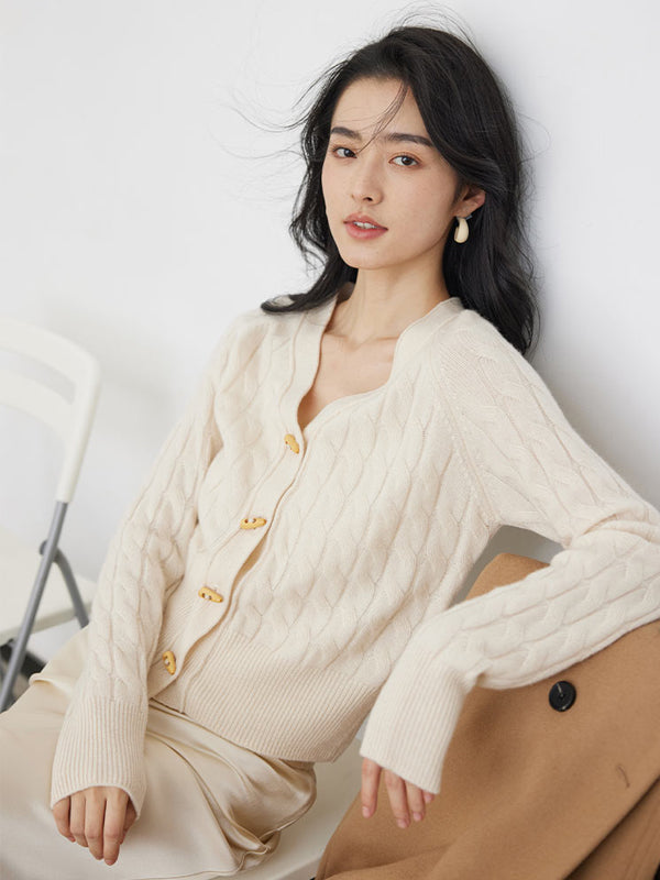 100% Cashmere Cable Knitted Cardigan